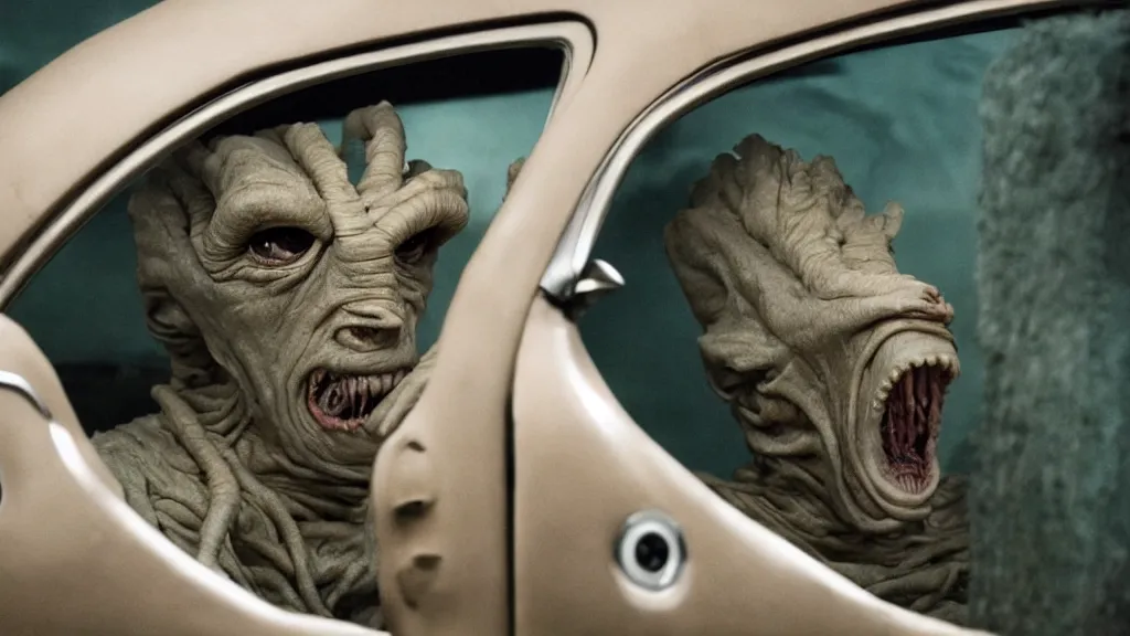 Image similar to the creature sits in a car, made of wax and metal, they vibin', film still from the movie directed by Denis Villeneuve and David Cronenberg with art direction by Salvador Dalí, wide lens