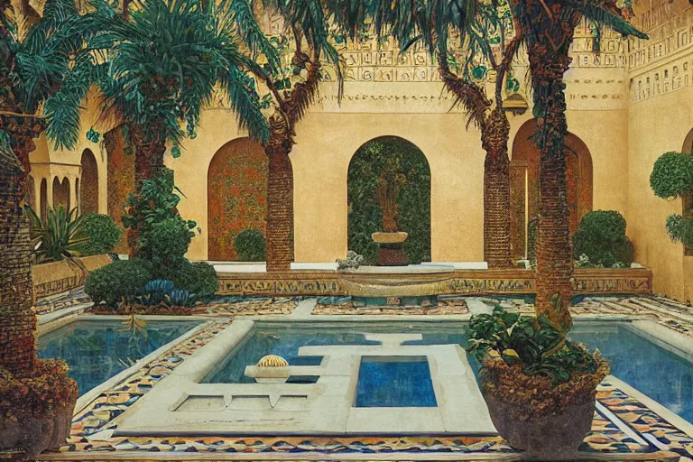 Prompt: painting of a beautiful moorish palace courtyard garden, by arkady rylov and maxfield parrish, patterned tilework, palm trees, tiled fountains, extremely detailed, cinematic lighting, smooth sharp focus