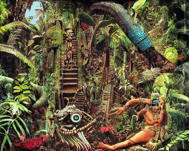 Image similar to mayan jaguar punk exploring an alien garden las pozas, 1 9 7 0's sci - fi, lofi technology, deep aesthetic colors, 8 k, highly ornate intricate details, extreme detail, cut out collage, william s burroughs