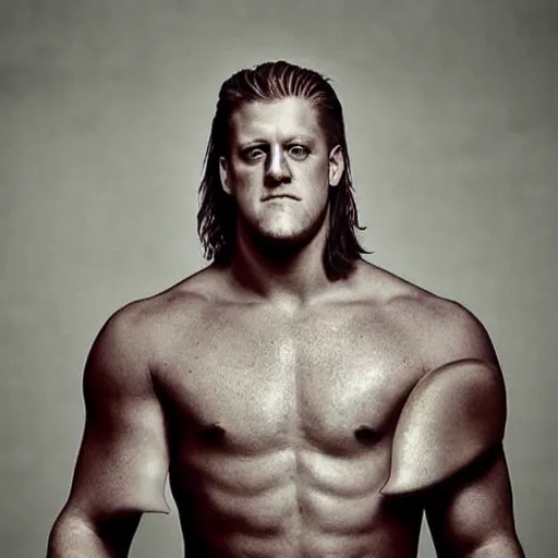 Image similar to “a realistic detailed photo of a guy who is an attractive humanoid who is half robot and half humanoid, who is a male android, football player JJ Watt, shiny skin, posing like a statue, blank stare”