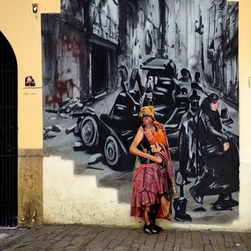 Prompt: This street art was painted in 1937 during the Guerra Civil Española. The woman in the street art is weeping. She is wearing a black dress and a black veil. Her face is distorted by grief. The street art is dark and somber. dutch golden age, Baroque by Marc Simonetti playful