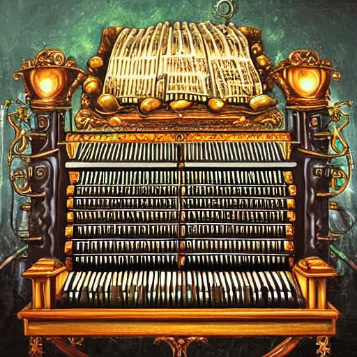 Image similar to steampunk pipe organ lp album art, intricate detail, mechanical, baroque oil painting