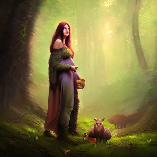 Image similar to a pretty female druid surrounded by forest animals, in the woods, hyper realistic, digital painting, photorealistic, in the style of greg rutkowski, detailed face