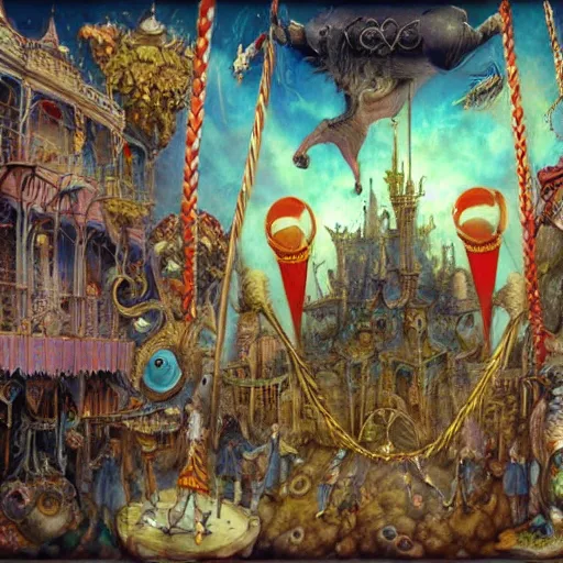 Prompt: circus in style of Daniel Merriam, Master American Surrealist, surrealism, hyperdetailed, 8k