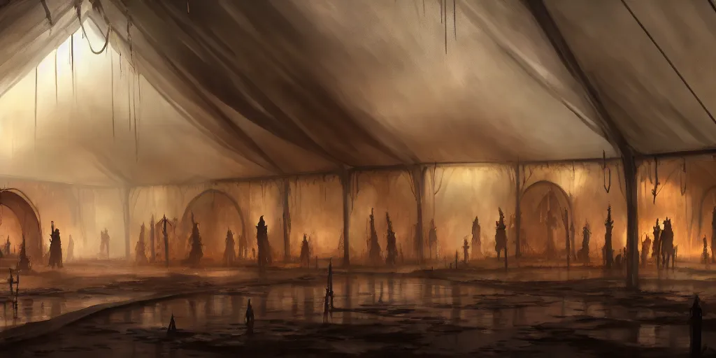 Image similar to inside of a merchant tent, matte oil painting, rusted cathedrals in the background, retrofuturistic, concept art, science fantasy, mutant, lgbt, queer, rpg, epic, rust, white salt, badlands, slime, jungles, dungeons & dragons, sacred, sharp focus, award - winning, extremely detailed, 4 k, 8 k