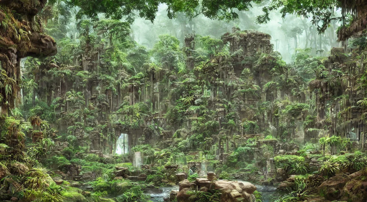 Image similar to ancient stone temple ruins at the end of a pathway next to a river in an overgrown rainforest, by roger dean, by syd mead, robert hubert, laurie lipton, detailed, realistic shadows, rendered in lumion, matte painting