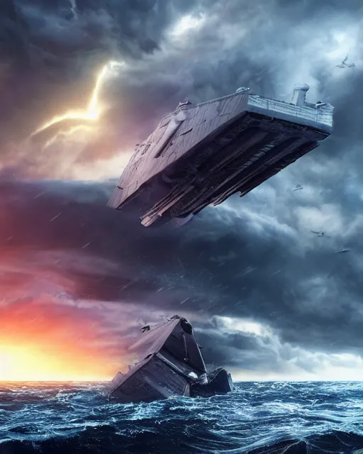 Image similar to scifi action scene of a fishing boat on stormy seas, a gigantic star destroyer spaceship flying overhead, the gigantic star destroyer spaceship is emerging from storm clouds, sunset lighting, stormy weather, dramatic lighting, unreal engine, hyper realism, realistic shading, cinematic composition, realistic render, octane render, detailed textures, photorealistic, ultrawide shot, 1 6 mm lens