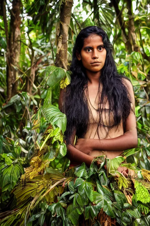 Image similar to a professional photo of a sri lankan jungle girl, black hair, gatherer, covered in leaves, extremely high fidelity. key light.