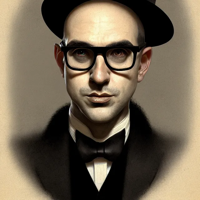 Prompt: portrait of a 1 9 2 5 magician, clean shaven, no hat, thin round glasses, dark, brooding, atmospheric lighting, intricate, ultra detailed, well composed, best on artstation, cgsociety, epic, stunning, gorgeous, intricate detail, wow, masterpiece