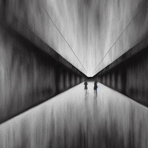 Image similar to a solemn simulacrum, standing inside an infinite corridor, trending on artstation, abstract black and white painting, masterpiece, a solemn simulacrum