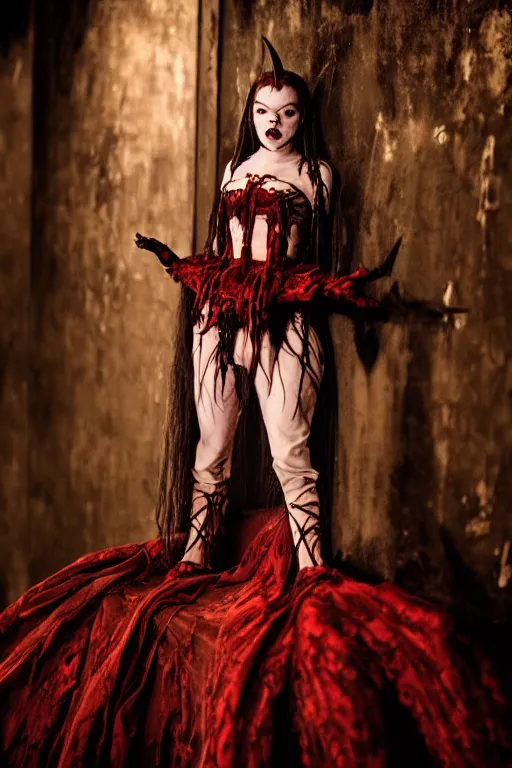 Image similar to dressed anya taylor - joy, a sinister demonic princess of cenobites, symmetrical, cinematic, elegant, demonic atmosphere, professional studio light, real dlsr photography, sharp focus, costume made by clive barker, real rotten flesh, blood and bones, 4 k, ultra hd, sense of awe