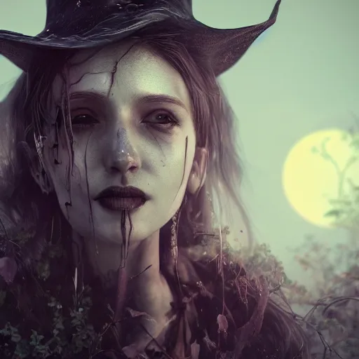 Prompt: portrait of a witch, jaw dropping beauty, moonlit, dark, glowing background lighting, hyper detailed, horror fairy tale, 4 k octane render