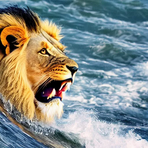 Prompt: a lion's face breaching through a wave