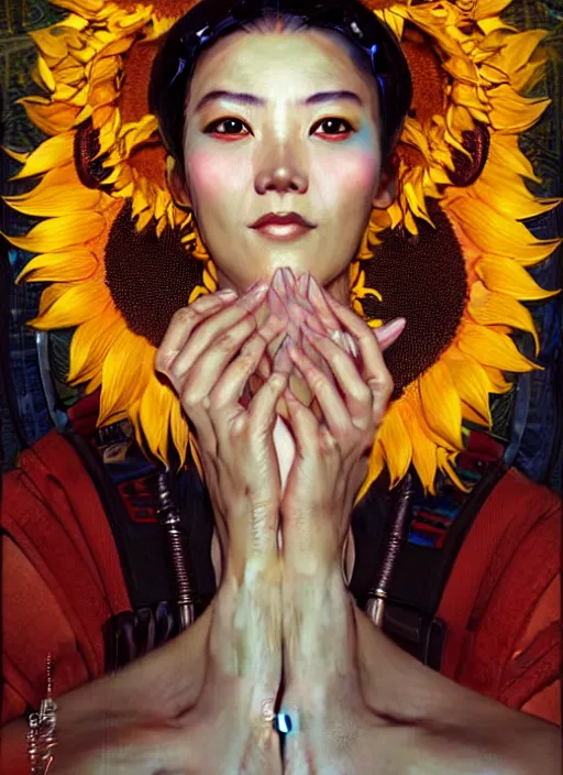 Prompt: portrait of a beautiful cyberpunk geishan woman with chin leght short hair, beautiful symmetrical face, sunflowers. fantasy, regal, by stanley artgerm lau, greg rutkowski, thomas kindkade, alphonse mucha, loish, norman rockwell.