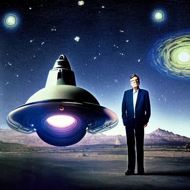 Prompt: a photo of bob lazar standing in area 5 1, alien spaceship and flying saucers inside hangar with open doors in background, starry night sky, cinematic lighting, detailed symmetrical face, photorealistic, highly detailed