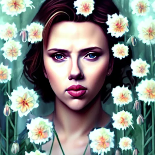 Image similar to beautiful woman Scarlett Johansson surrounded by Columbine flowers, symmetrical face, portrait, Charlie Bowater character art