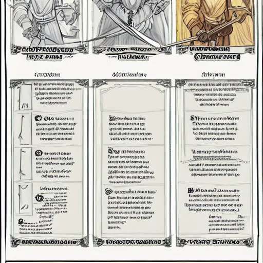 Prompt: D&D character sheet, with character's front illustration on the right and text on the left and top and bottom. Warrior character, wearing armor and holding a sword.