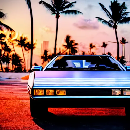 Image similar to miami beach sunset vapor wave palm trees 80s synth retrowave delorean close up ultra detail contrast specular metal car door chrome