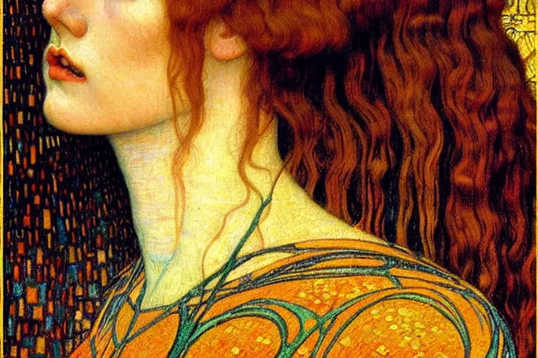 Image similar to detailed realistic beautiful young medieval queen face portrait by jean delville, gustav klimt and vincent van gogh, art nouveau, symbolist, visionary, gothic, pre - raphaelite, muted earthy colors, desaturated