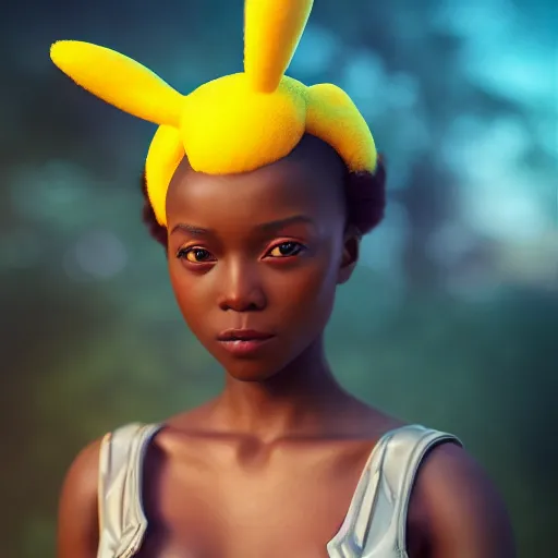 Prompt: an afican girl by wlop, wearing a pikatchu costume by sawoozer, rtx reflections, octane 1 2 8 k, extreme high intricate details, digital abstract art by ross tran, medium shot, close up shot, composition by sana takeda, lighting by greg rutkowski