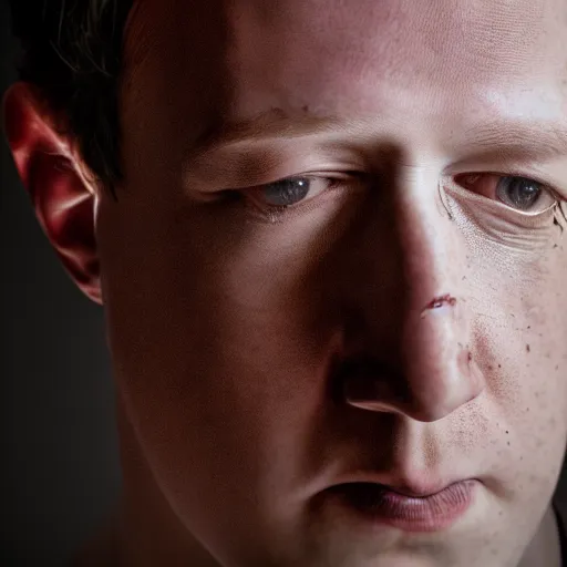 Prompt: angry zuckerberg with shotgun, extreme detail, studio light, photorealistic, gritty, movie still, cinematic, bruised face, soft focus, well edited, 8 k, atmospheric, dark, leather jacket