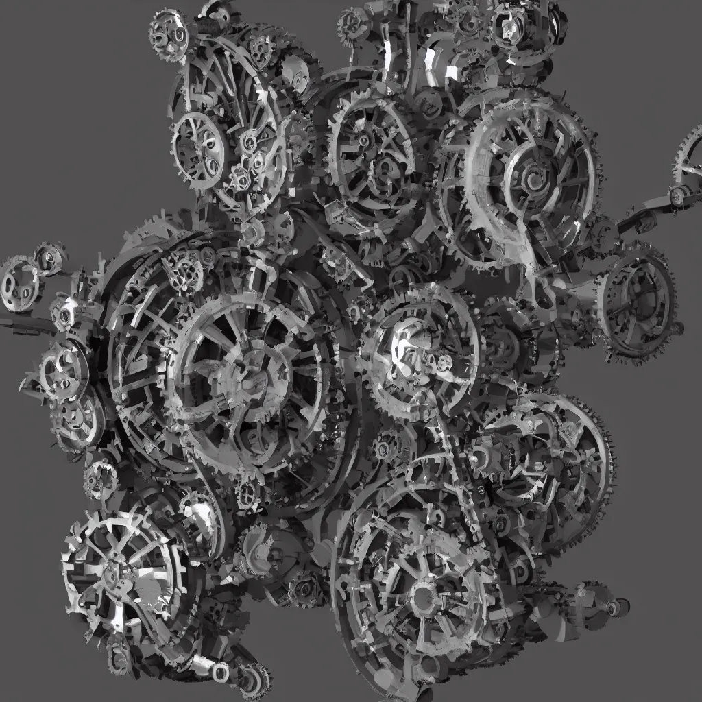 Prompt: a computer generated image of a mechanical device, view of the gears, featured on zbrush central, kinetic art, vray tracing, ray tracing feng zhu