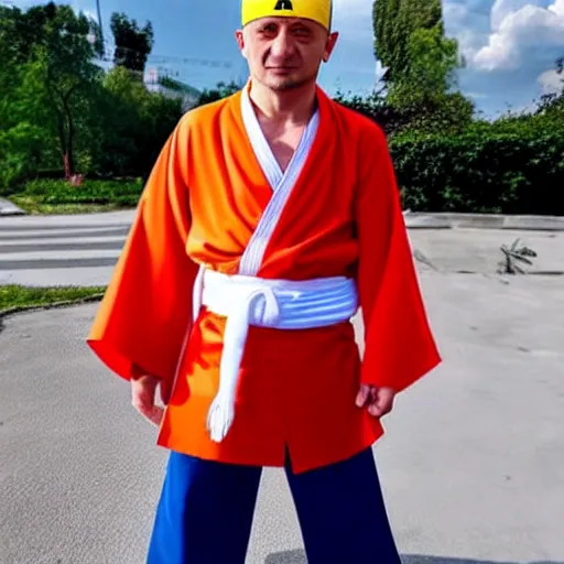 Image similar to volodymyr zelensky is dressed as hokage from the anime naruto