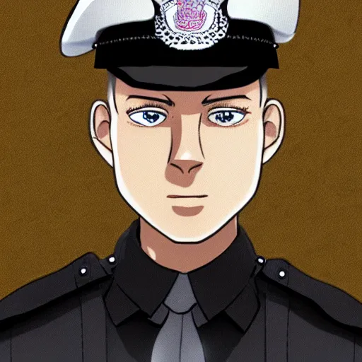 Image similar to A British police officer wearing a custodian, highly detailed, anime art style, trending on art station