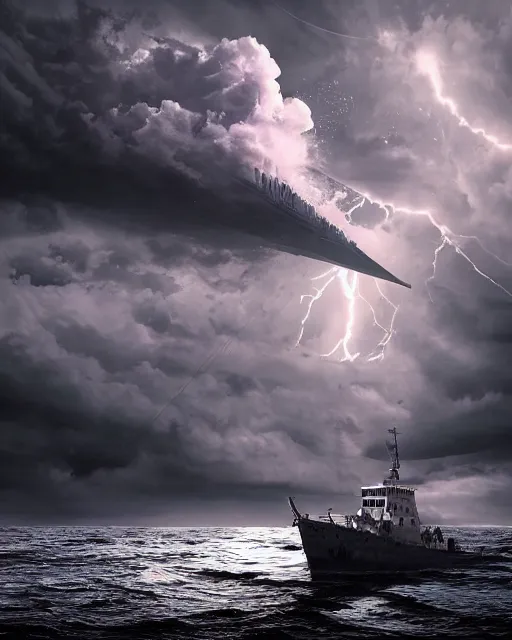 Prompt: a fishing boat on stormy seas, a gigantic star destroyer spaceship flying overhead, the gigantic star destroyer spaceship is emerging from storm clouds, sunset lighting, stormy weather, dramatic lighting, unreal engine, hyper realism, realistic shading, cinematic composition, realistic render, octane render, detailed textures, photorealistic, ultrawide shot, 1 6 mm lens
