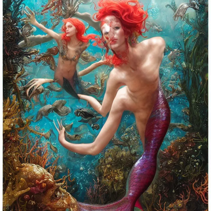 Image similar to a fashion editorial of cate blanchet as a brightly colored mermaid amphibian hybrid with wet translucent skin underwater. wearing an growing organic exosuit. by tom bagshaw, donato giancola, hans holbein, walton ford, gaston bussiere and peter mohrbacher. 8 k, cgsociety