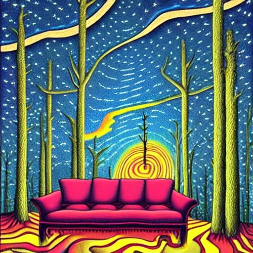 Image similar to psychedelic trippy couch pine forest, planets, milky way, sofa, cartoon by rob gonsalves