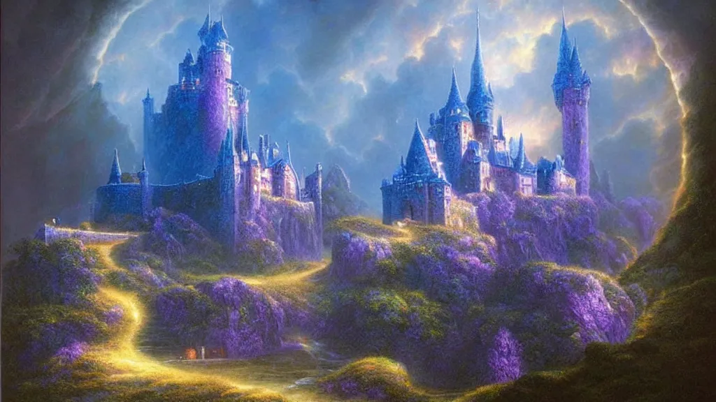 Image similar to beautiful airbrush matte painting of a castle made of light inspired by gilbert williams. clean painting and auora lighting. dark blue and intense purple color palette, art by gilbert williams