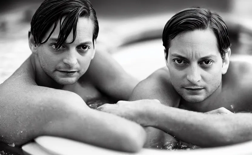 Image similar to photographic portrait by Annie Leibovitz of Tobey Maguire in a hot tub, closeup, foggy, sepia, moody, dream-like, sigma 85mm f/1.4, 15mm, 35mm, 4k, high resolution, 4k, 8k, hd, full color