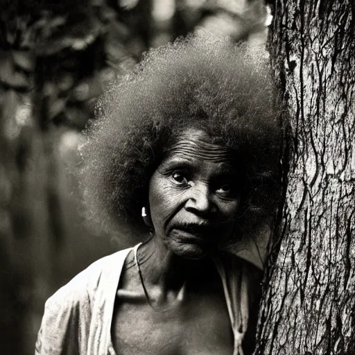 Prompt: old afro woman in the woods, close - up photograph, by sally mann