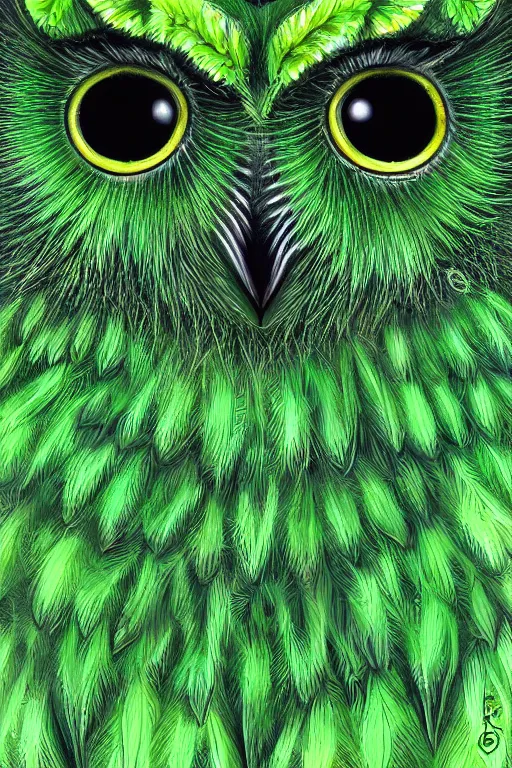 Image similar to a green moss owl, symmetrical, highly detailed, digital art, sharp focus, amber eyes, ferns, trending on art station