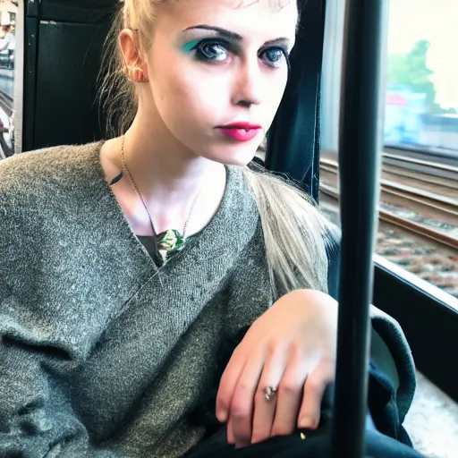 Image similar to slim goth girl sitting on a southern rail train, super realistic, perfect lighting, detailed, high contrast, bokeh