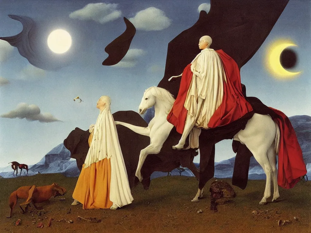 Image similar to albino mystic, with his back turned, with beautiful exotic horse in the day of the eclipse. Painting by Jan van Eyck, Audubon, Rene Magritte, Agnes Pelton, Max Ernst, Walton Ford