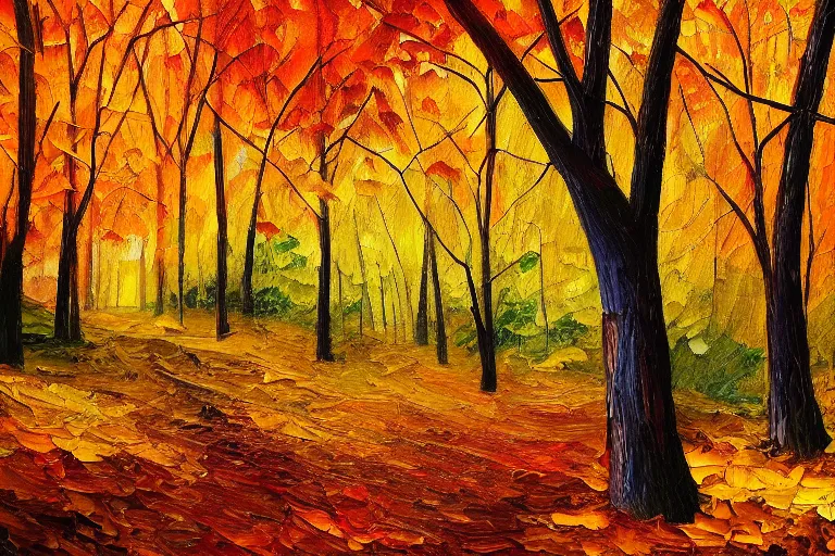 Image similar to oil painting of a forest in autumn, leafs falling, dramatic lighting, colorful, autumn colors