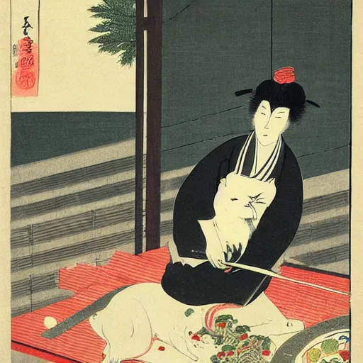 Image similar to angry handsome japanese butcher slices up parsley with a tabby cat sitting next to him, vintage, painting by utamaro