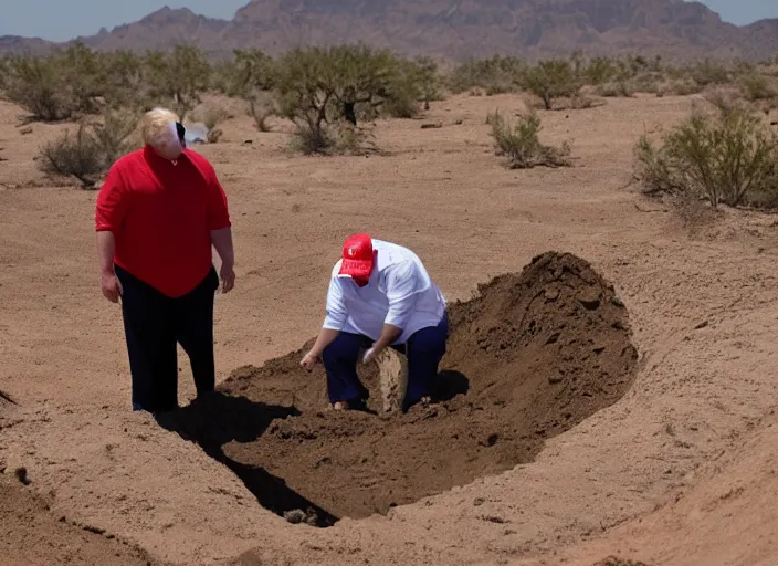 Prompt: obese donald trump digging a hole in the desert