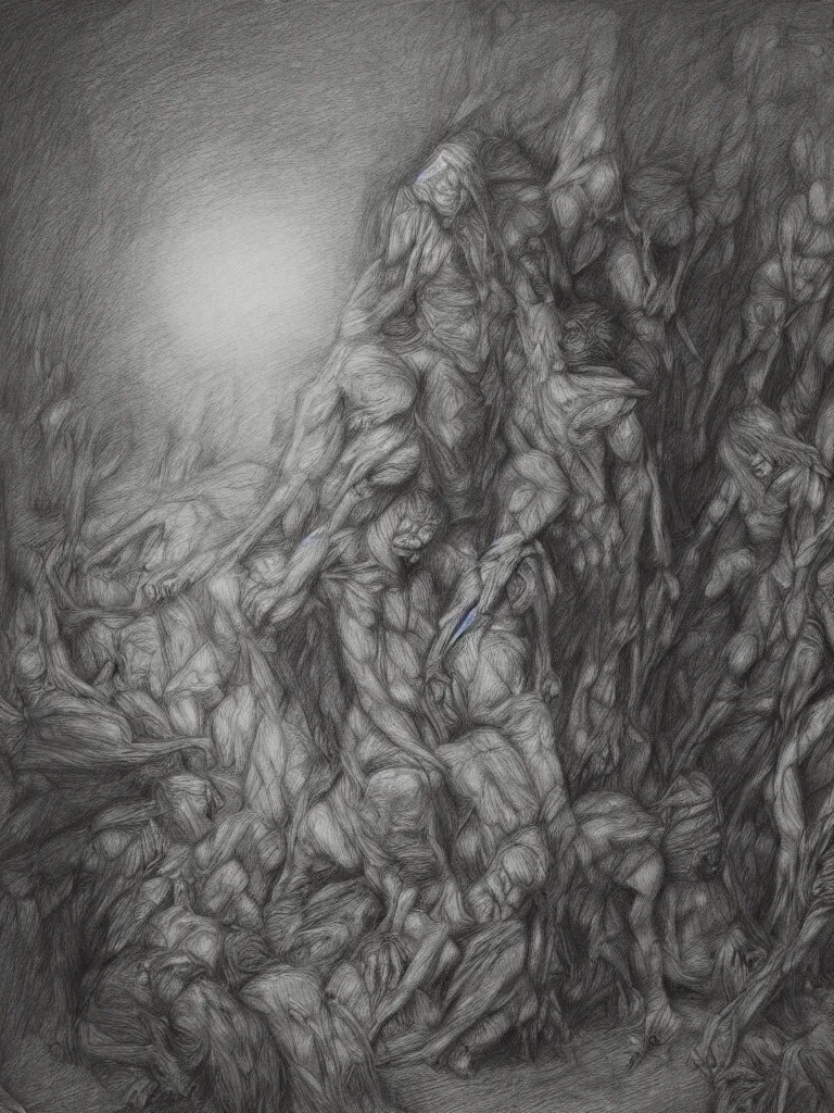 Image similar to inside my nightmares, charcoal detailed drawing, Greg Rutkoski style, Gustave Dore style,