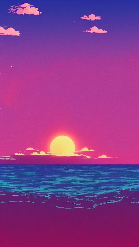 Prompt: beautiful beach horizon view of the tropical pink ocean on an alien planet, pink vaporwave ocean, clear sky, planet in space over the horizon, trending on artstation, digital art by hayao miyazaki, studio ghibli style