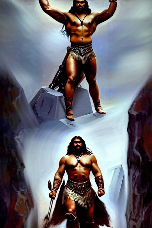 Prompt: beautiful portrait oil painting, jason momoa conan the barbarian standing in a dungeon wearing a crown and royal crimson spartan armor enthroned as the god emperor of ancient rome, muscular, action pose, frank frazetta, boris vallejo, greg rutkowski, beautiful cinematic light, low angle, thomas lawrence, greg rutkowski, high contast