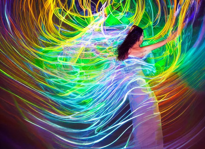 Prompt: an elegant goddess, flowing lightpainting swirling around her, highly detailed, photorealistic, surrounded by lake, reflections, smooth, sharp focus, ultrawide, art by lindsay adler and dani olivier and michael bosanko