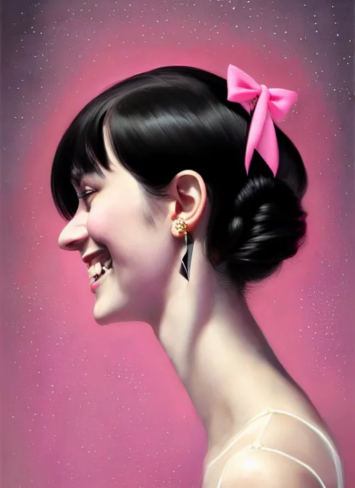 Image similar to portrait of teenage girl, realistic, black hair, bangs, half updo hairstyle, pointy nose, skinny, smile, ugly, defined jawline, big chin, pink hair bow, earrings, intricate, elegant, glowing lights, highly detailed, digital painting, artstation, sharp focus, illustration, art by wlop, mars ravelo and greg rutkowski