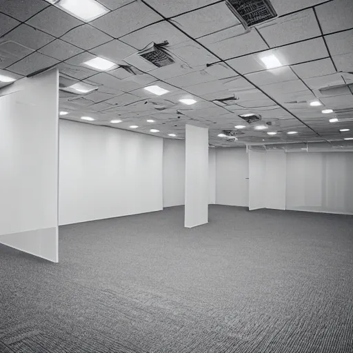 Image similar to an empty office space at night, eerie atmosphere