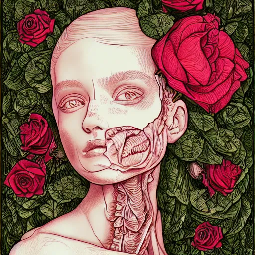 Image similar to the anatomy of a head of lettuce with roses that resemble a beautiful woman, an ultrafine detailed illustration by james jean, intricate linework, bright colors, final fantasy, behance contest winner, vanitas, angular, altermodern, unreal engine 5 highly rendered, global illumination, radiant light, detailed and intricate environment