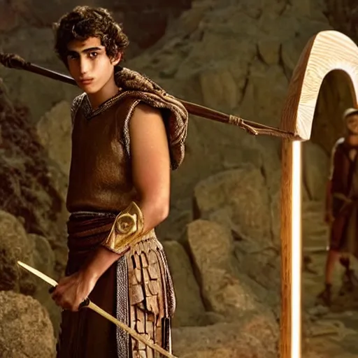 Prompt: handsome 17 year old middle-eastern skinned boy in a Biblical outfit holding a wooden slingshot. Giant Goliath standing with a sword. Epic, cinematic lighting, directed by Ridley Scott