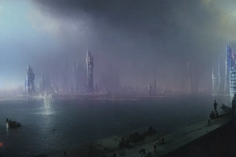 Prompt: Dystopian futuristic city by ivan aivazovsky