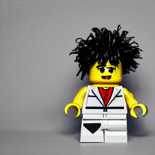 Image similar to studio photo of robert smith as lego minifigure, photorealistic, detailed, studio lighting, 4 k